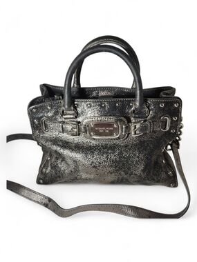 Michael Kors Hamilton Gunmetal Silver Black Studs Leather Bag Goth Rock & Roll